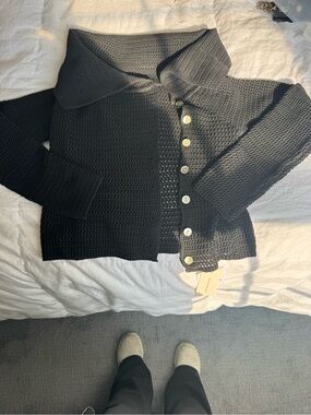 Commense Black Off-Shoulder Textured Button Cardigan